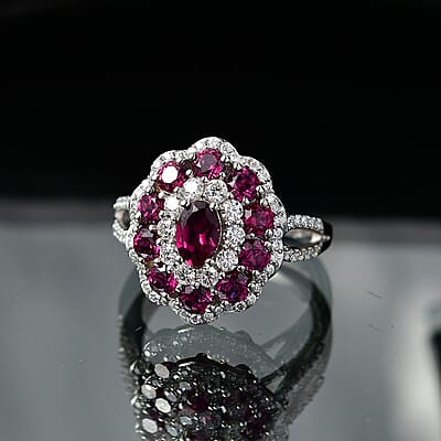 D'Joy AAA Radiant Ember Garnet and Moissanite 2.75 ctw Majestic Cluster Ring in Rhodium Over Sterling Silver (Size 8.0)