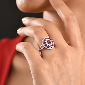 D'Joy AAA Radiant Ember Garnet and Moissanite 2.75 ctw Ring in Rhodium Over Sterling Silver (Size 8.0)