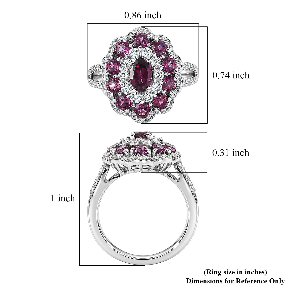 D'Joy AAA Radiant Ember Garnet and Moissanite 2.75 ctw Majestic Cluster Ring in Rhodium Over Sterling Silver (Size 8.0) image number 5