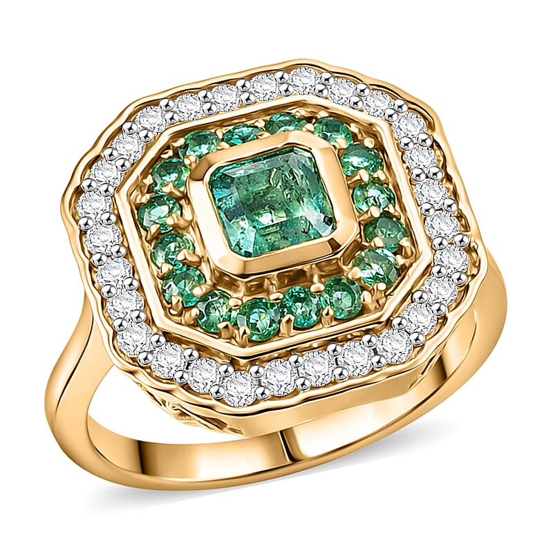 D'Joy Asscher Cut AAA Kagem Zambian Emerald and Moissanite 1.60 ctw Royal Halo Ring in 18K Vermeil Yellow Gold Over Sterling Silver (Size 10.0)