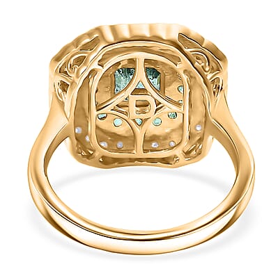D'Joy Asscher Cut AAA Kagem Zambian Emerald and Moissanite 1.60 ctw Royal Halo Ring in 18K Vermeil Yellow Gold Over Sterling Silver (Size 10.0)