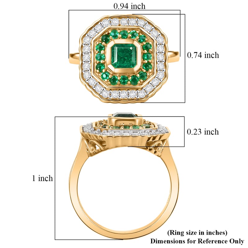 D'Joy Asscher Cut AAA Kagem Zambian Emerald and Moissanite 1.60 ctw Royal Halo Ring in 18K Vermeil Yellow Gold Over Sterling Silver (Size 10.0)