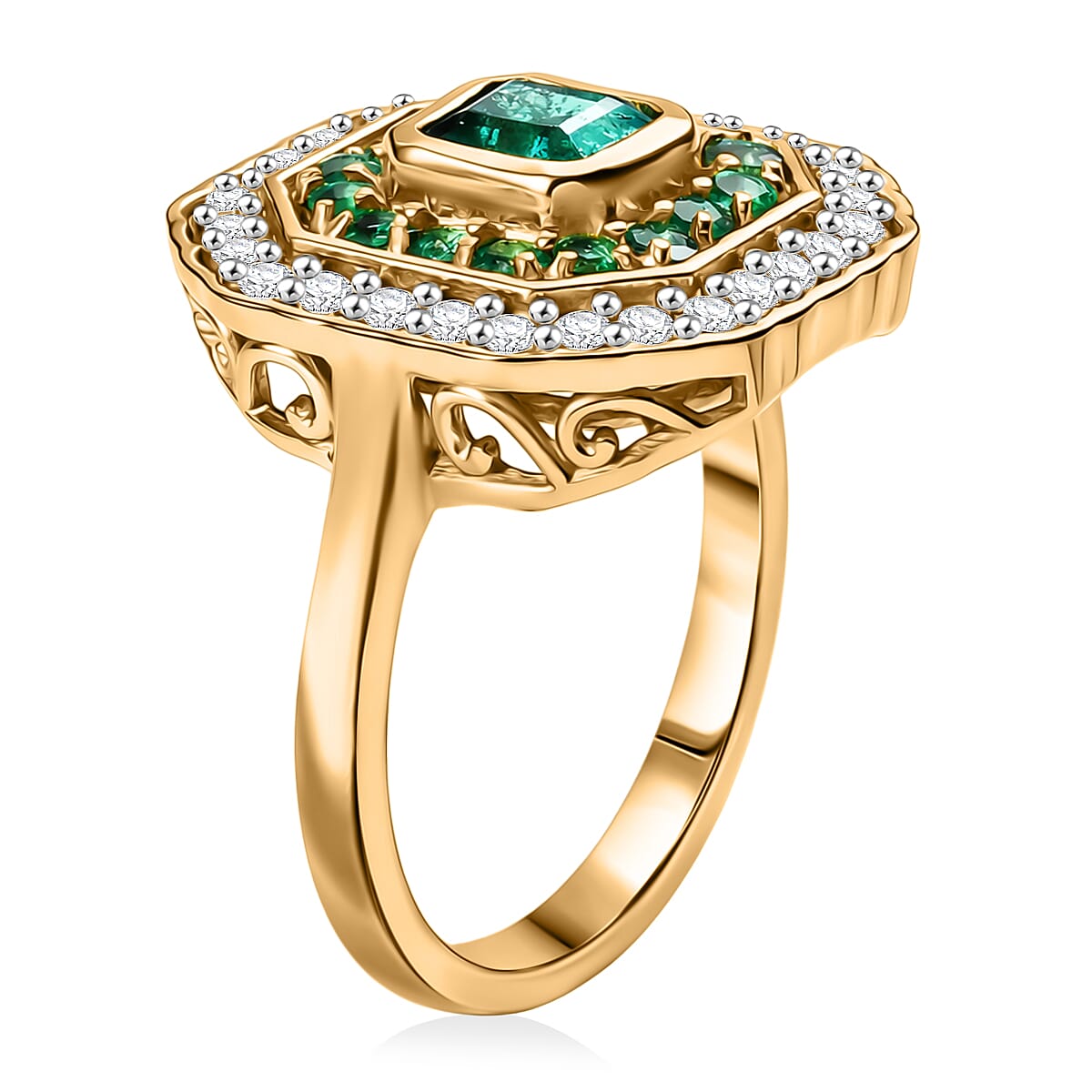 D'Joy Asscher Cut AAA Kagem Zambian Emerald and Moissanite 1.60 ctw Royal Halo Ring in 18K Vermeil Yellow Gold Over Sterling Silver (Size 6.0)