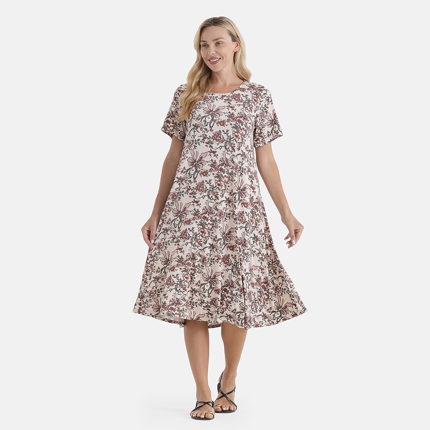 LA Marey White Double-Knit Brushed A-Line Dress with Short Sleeves
