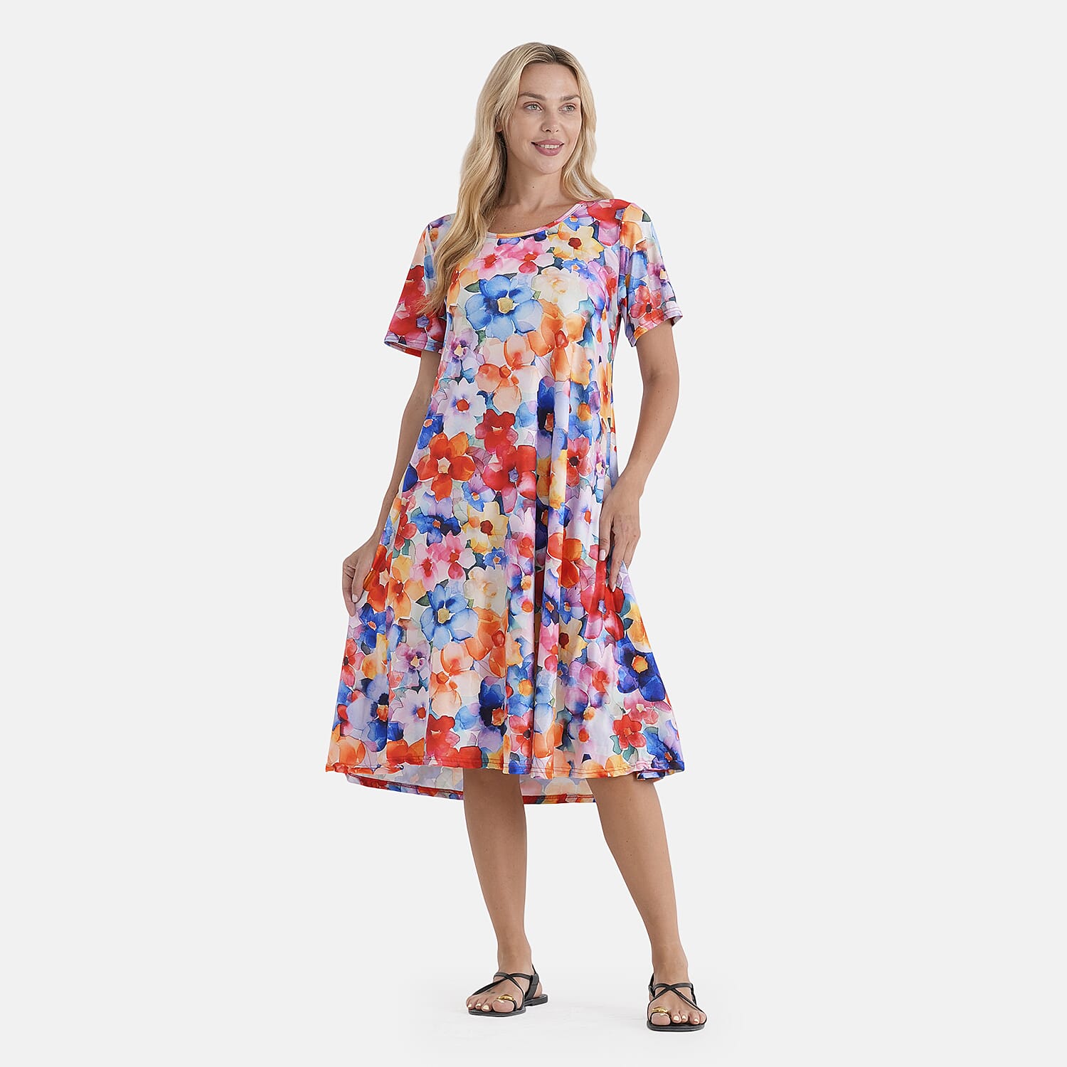 LA Marey Multi-color Double-Knit Brushed A-Line Dress with Short Sleeves