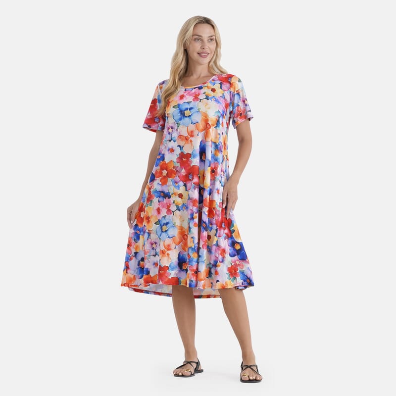 LA Marey Multi-color Double-Knit Brushed A-Line Dress with Short Sleeves