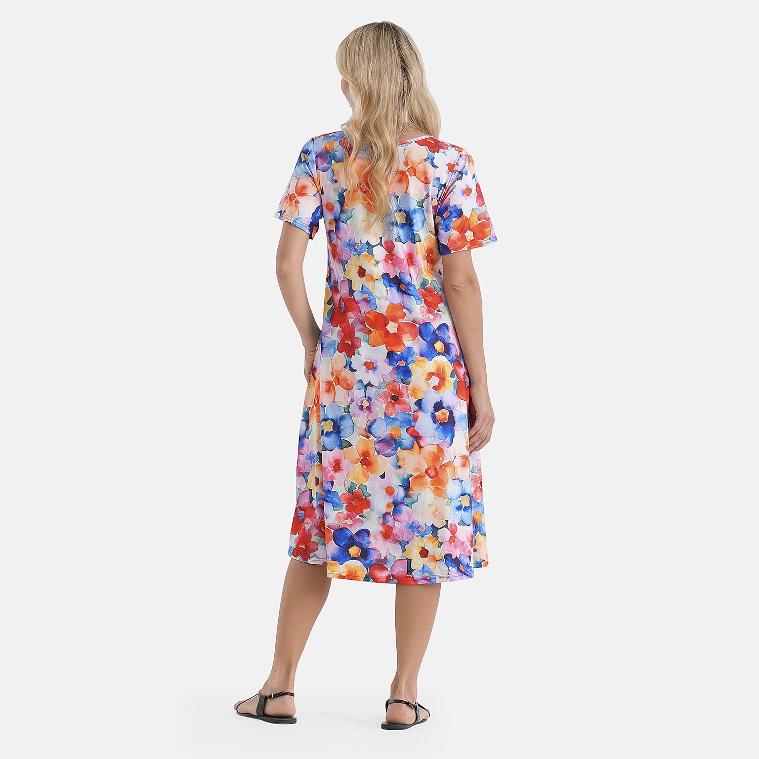 LA Marey Multi-color Double-Knit Brushed A-Line Dress with Short Sleeves