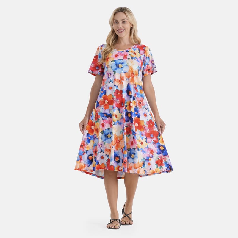 LA Marey Multi-color Double-Knit Brushed A-Line Dress with Short Sleeves