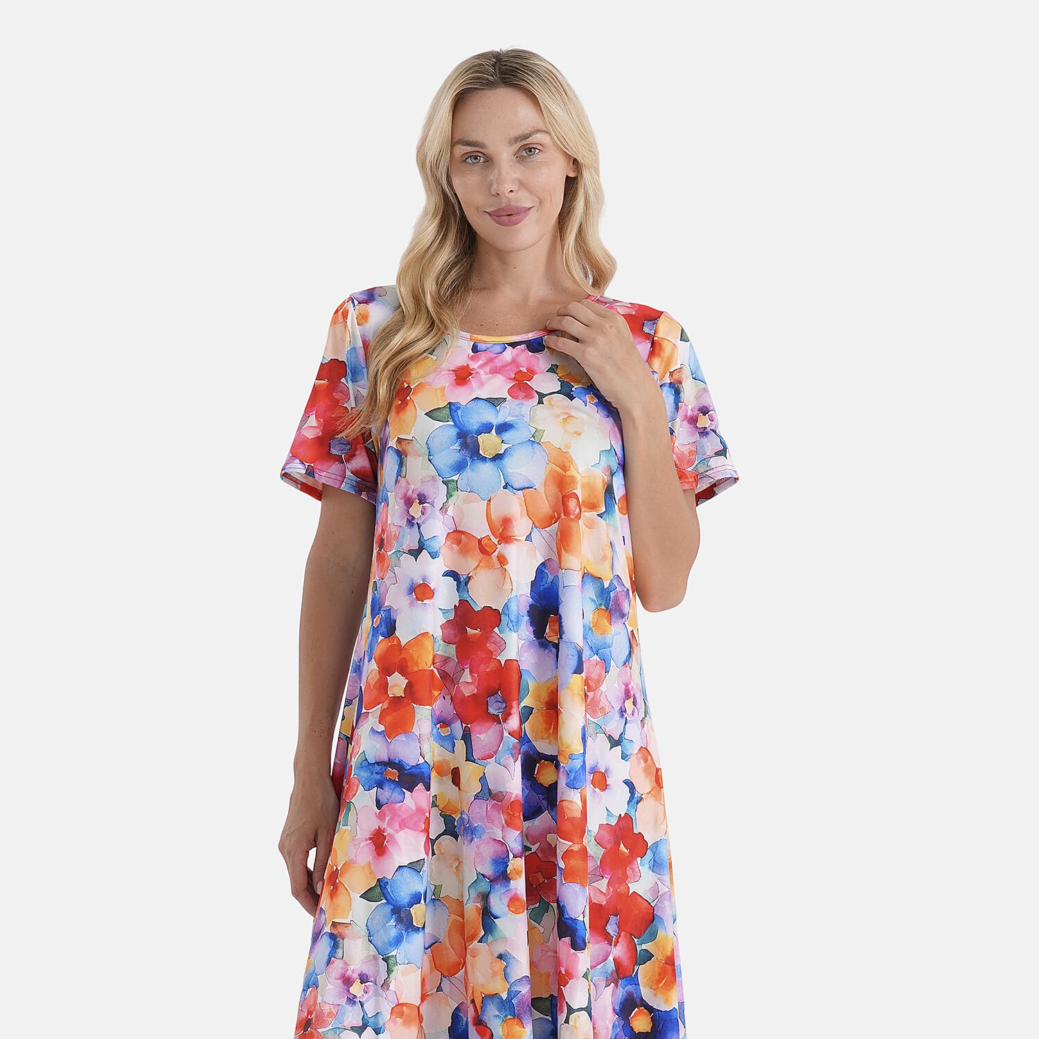 LA Marey Multi-color Double-Knit Brushed A-Line Dress with Short Sleeves