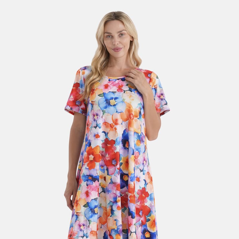 LA Marey Multi-color Double-Knit Brushed A-Line Dress with Short Sleeves