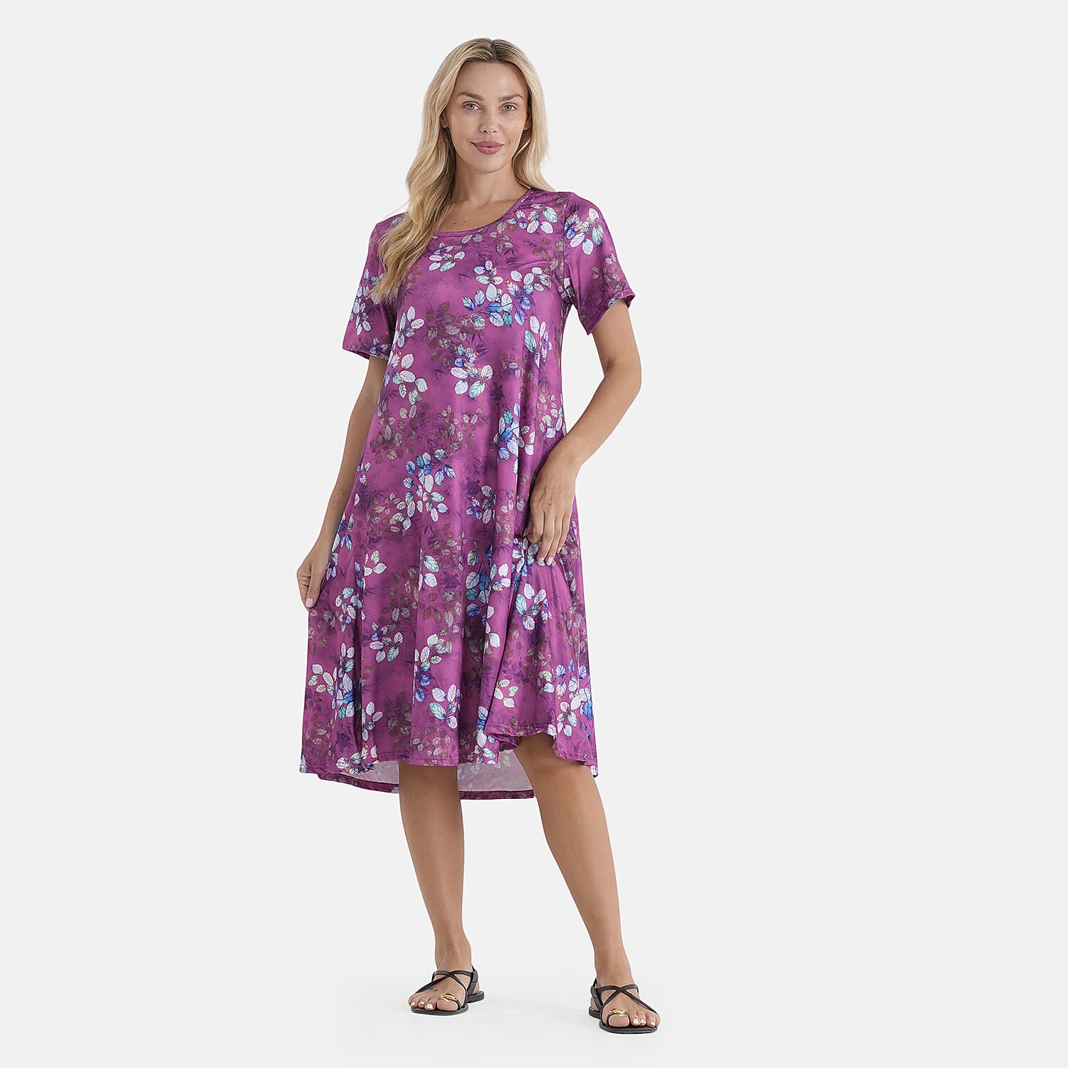 LA Marey Purple Double-Knit Brushed A-Line Dress with Short Sleeves