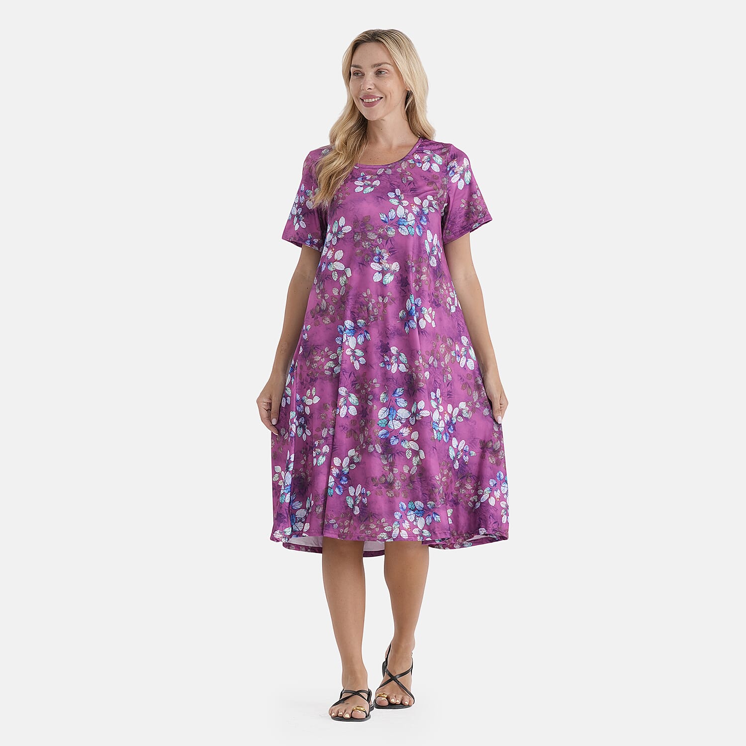LA Marey Purple Double-Knit Brushed A-Line Dress with Short Sleeves