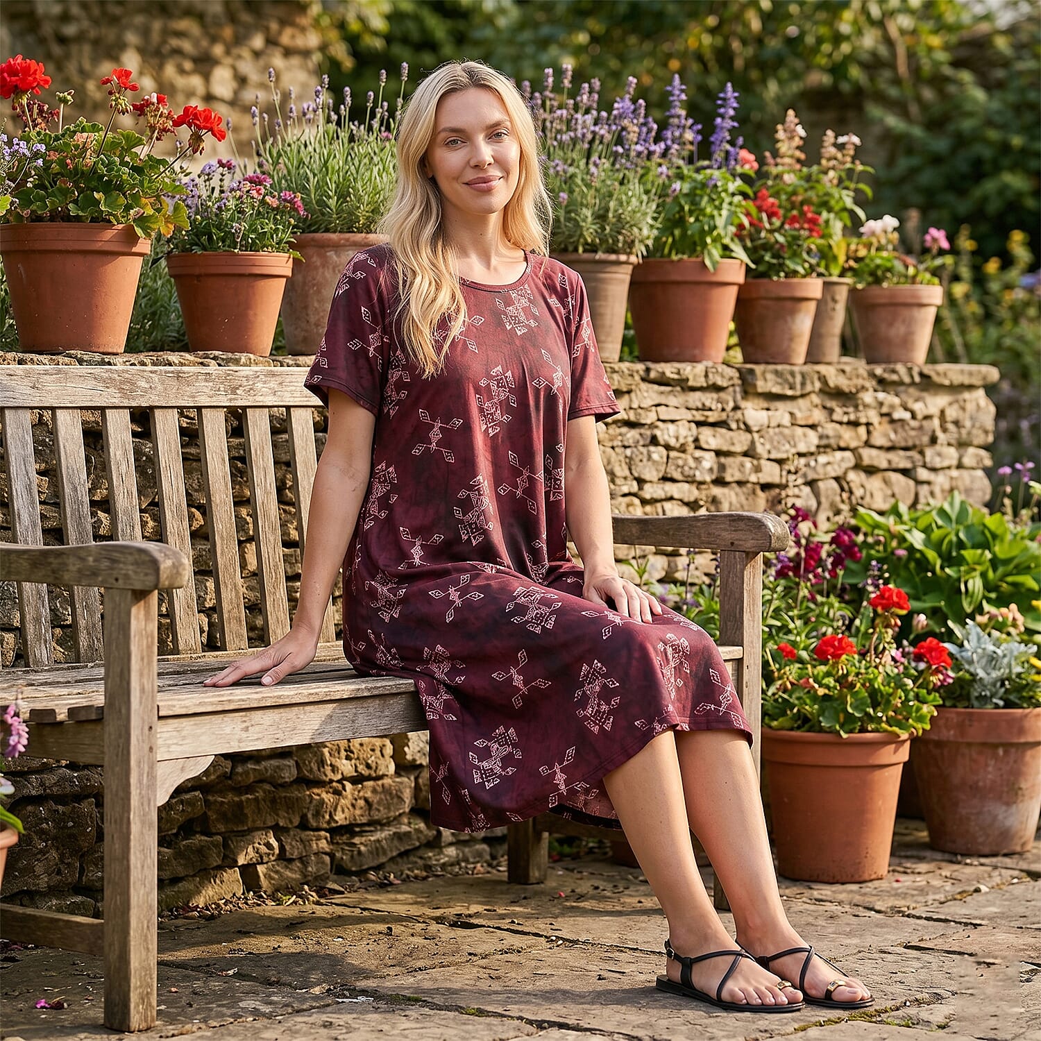 LA Marey Burgundy Double-Knit Brushed A-Line Dress with Short Sleeves