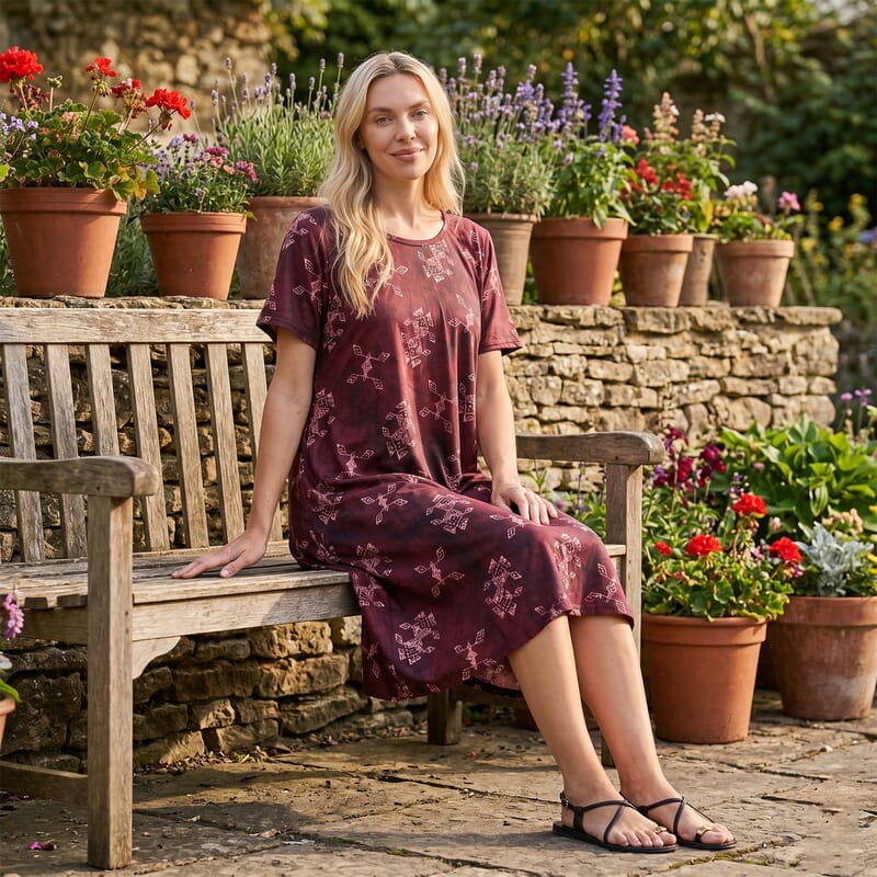 LA Marey Burgundy Double-Knit Brushed A-Line Dress with Short Sleeves