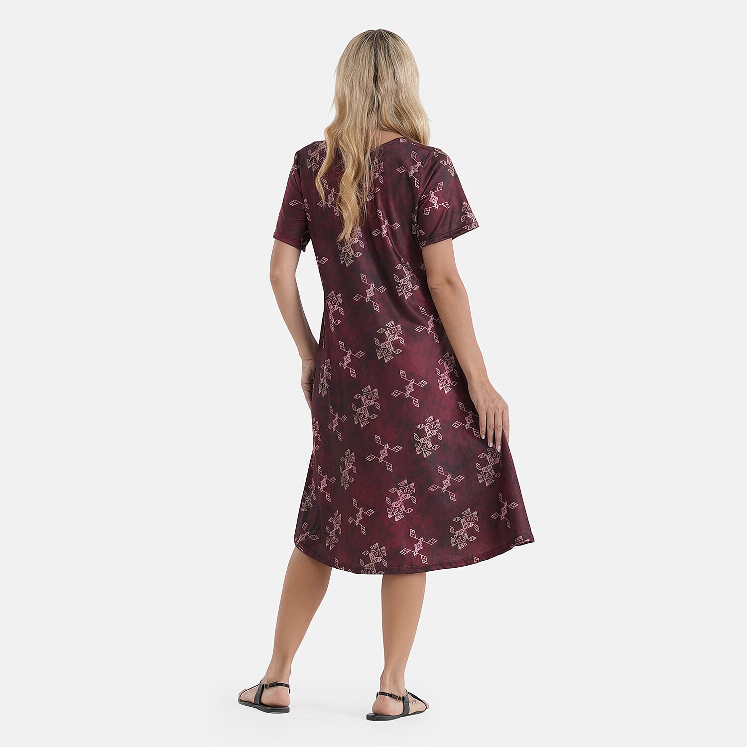 LA Marey Burgundy Double-Knit Brushed A-Line Dress with Short Sleeves