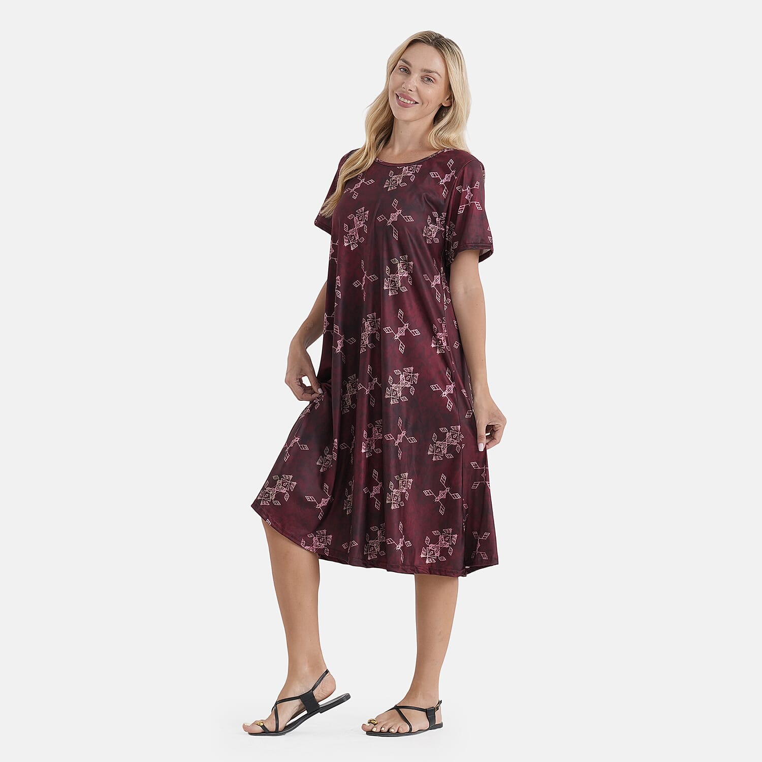 LA Marey Burgundy Double-Knit Brushed A-Line Dress with Short Sleeves