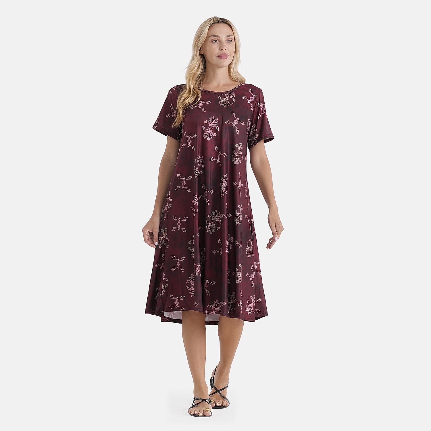 LA Marey Burgundy Double-Knit Brushed A-Line Dress with Short Sleeves