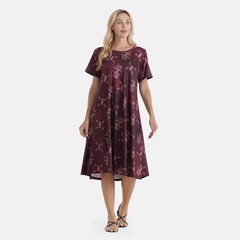 LA Marey Burgundy Double-Knit Brushed A-Line Dress with Short Sleeves