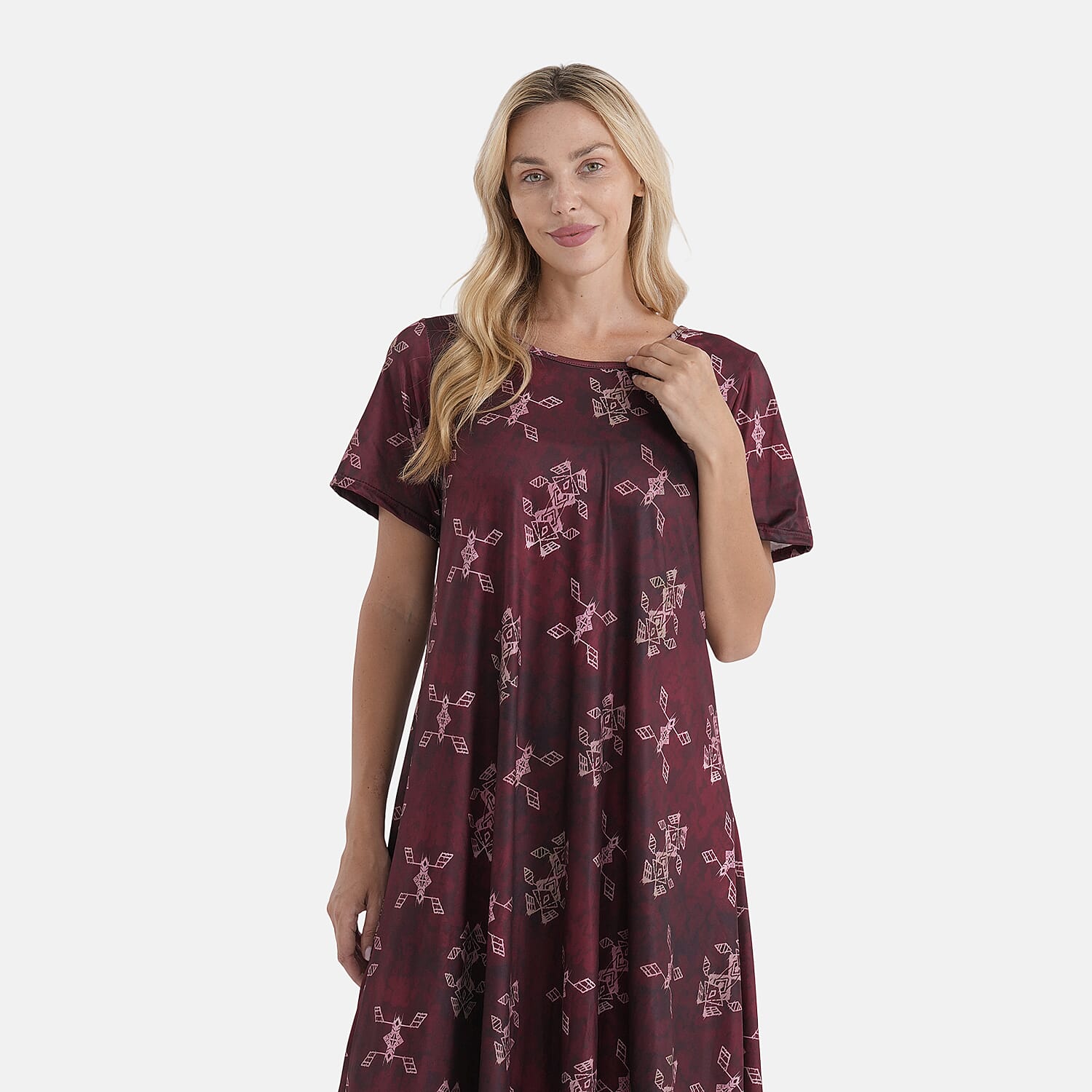 LA Marey Burgundy Double-Knit Brushed A-Line Dress with Short Sleeves