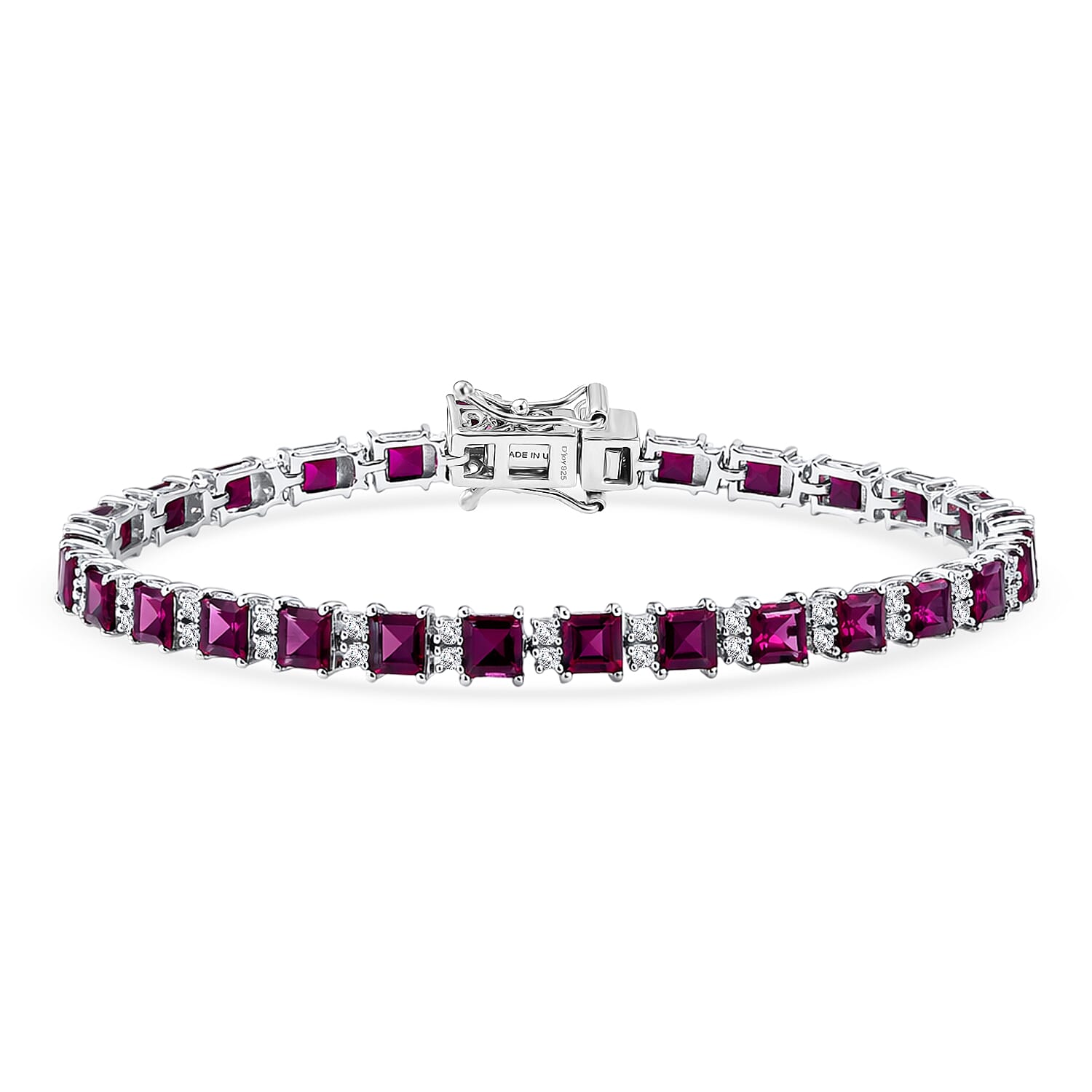 D'Joy Premium Radiant Ember Garnet and Moissanite 13.50 ctw Royal Fire Tennis Bracelet in Rhodium Over Sterling Silver (7.25 In)