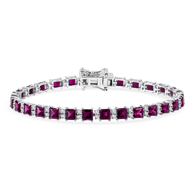 D'Joy Premium Radiant Ember Garnet and Moissanite 13.50 ctw Royal Fire Tennis Bracelet in Rhodium Over Sterling Silver (7.25 In)