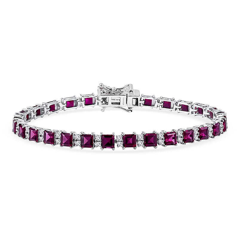 D'Joy Premium Radiant Ember Garnet and Moissanite 13.50 ctw Royal Fire Tennis Bracelet in Rhodium Over Sterling Silver (7.25 In)
