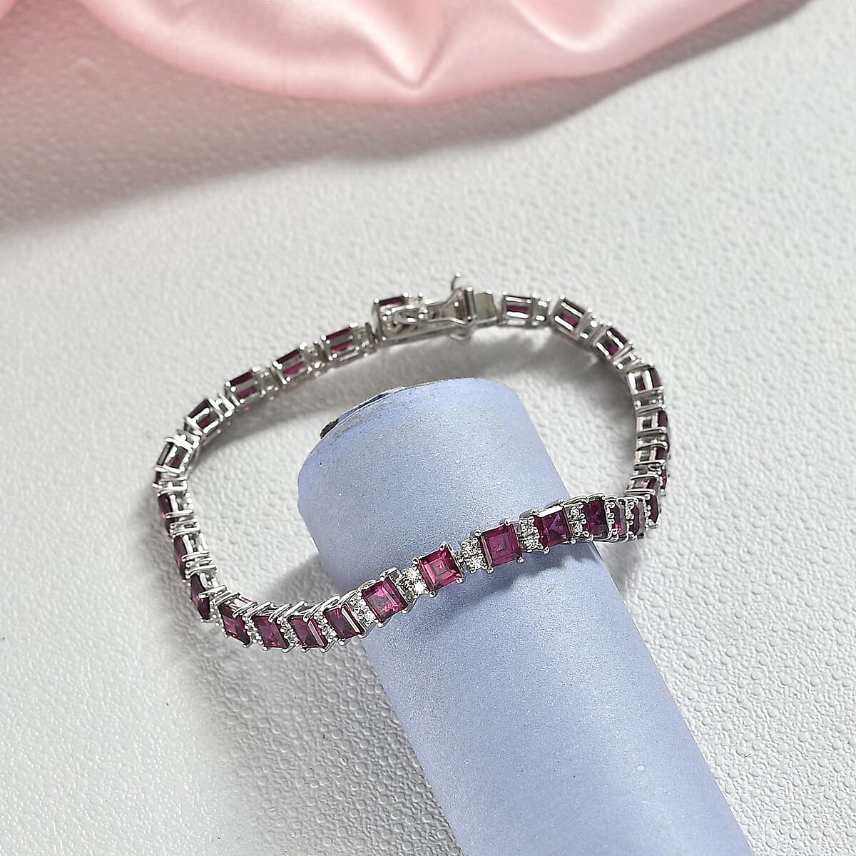 D'Joy Premium Radiant Ember Garnet and Moissanite 13.50 ctw Royal Fire Tennis Bracelet in Rhodium Over Sterling Silver (7.25 In) image number 1