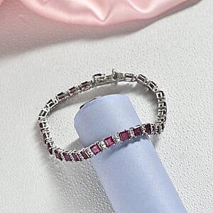 D'Joy Premium Radiant Ember Garnet and Moissanite 13.50 ctw Bracelet in Rhodium Over Sterling Silver (7.25 In)