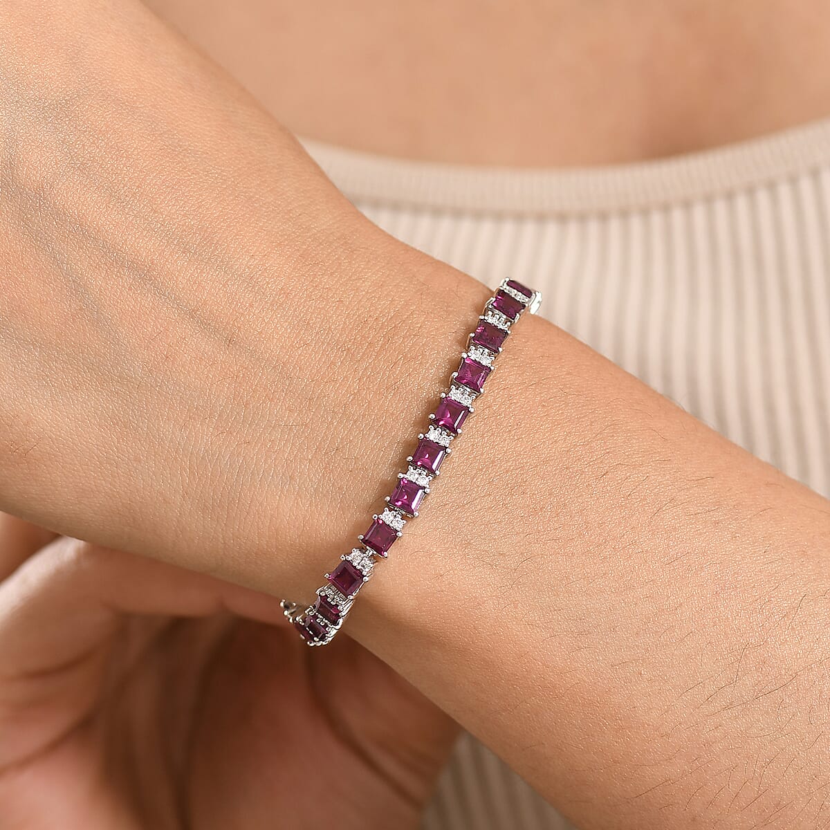 D'Joy Premium Radiant Ember Garnet and Moissanite 13.50 ctw Royal Fire Tennis Bracelet in Rhodium Over Sterling Silver (7.25 In) image number 2