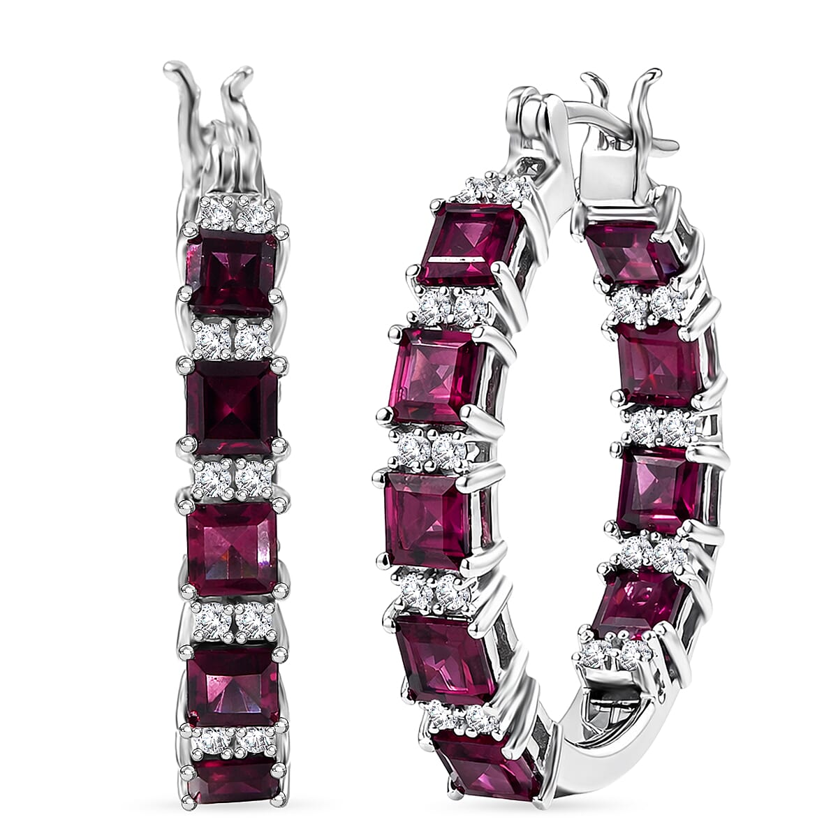 D'Joy Premium Radiant Ember Garnet and Moissanite 8.10 ctw Royal Fire Hoop Earrings in Rhodium Over Sterling Silver