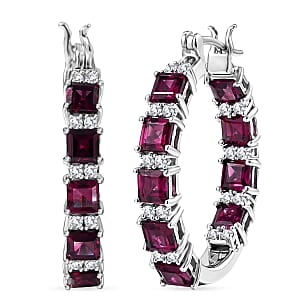 D'Joy Premium Radiant Ember Garnet and Moissanite 8.10 ctw Earrings in Rhodium Over Sterling Silver