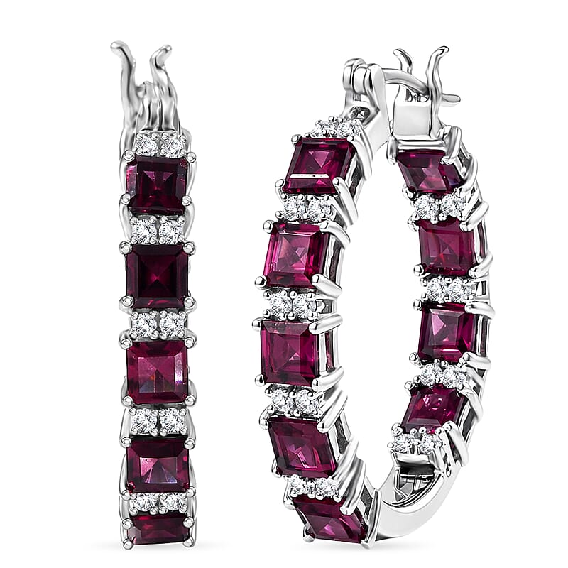 D'Joy Premium Radiant Ember Garnet and Moissanite 8.10 ctw Royal Fire Hoop Earrings in Rhodium Over Sterling Silver