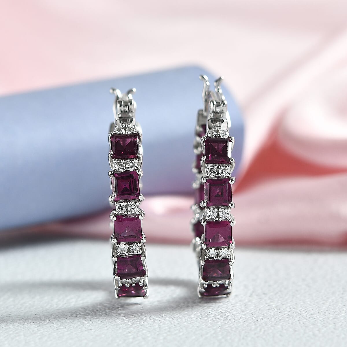 D'Joy Premium Radiant Ember Garnet and Moissanite 8.10 ctw Earrings in Rhodium Over Sterling Silver image number 1