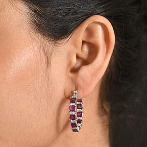 D'Joy Premium Radiant Ember Garnet and Moissanite 8.10 ctw Earrings in Rhodium Over Sterling Silver