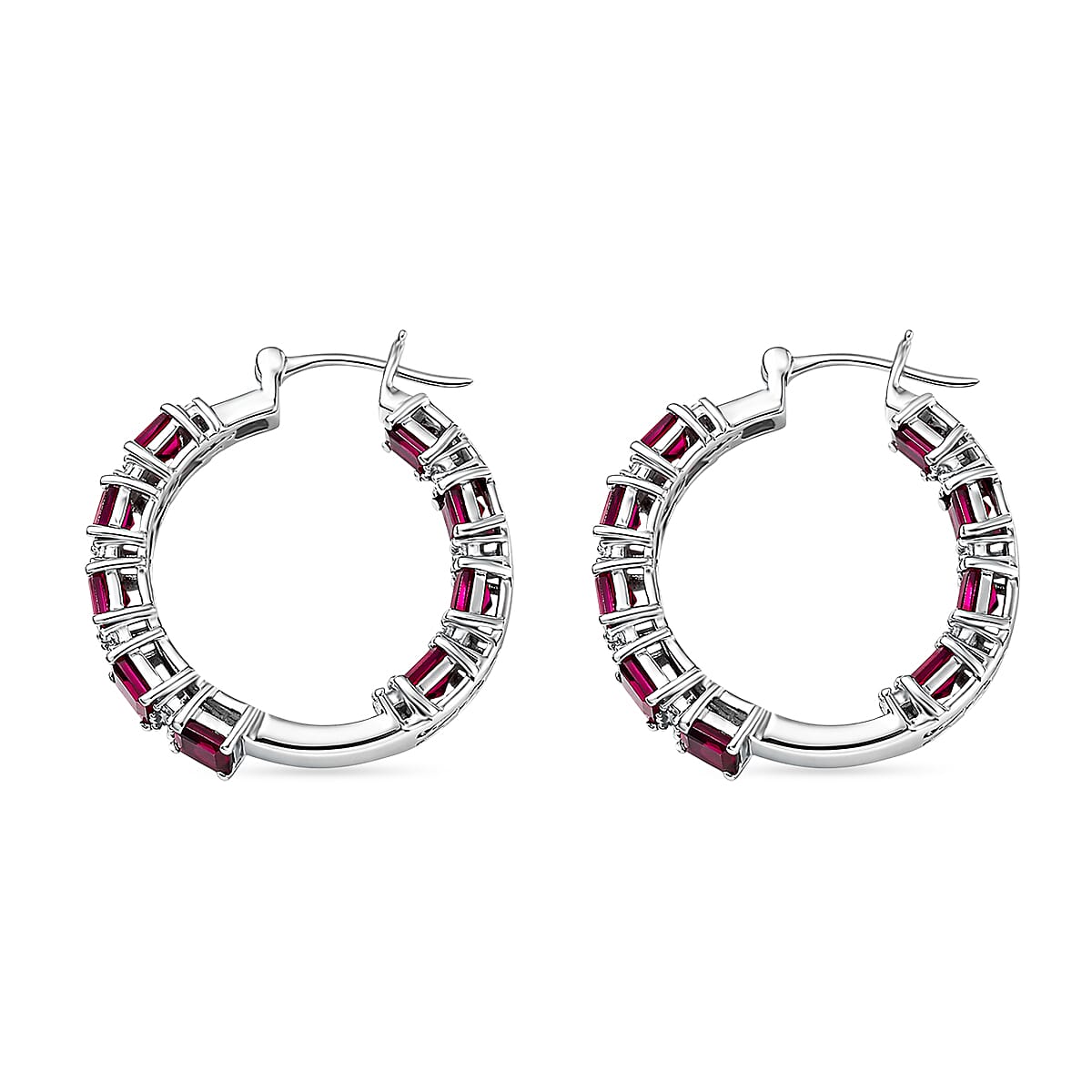 D'Joy Premium Radiant Ember Garnet and Moissanite 8.10 ctw Royal Fire Hoop Earrings in Rhodium Over Sterling Silver