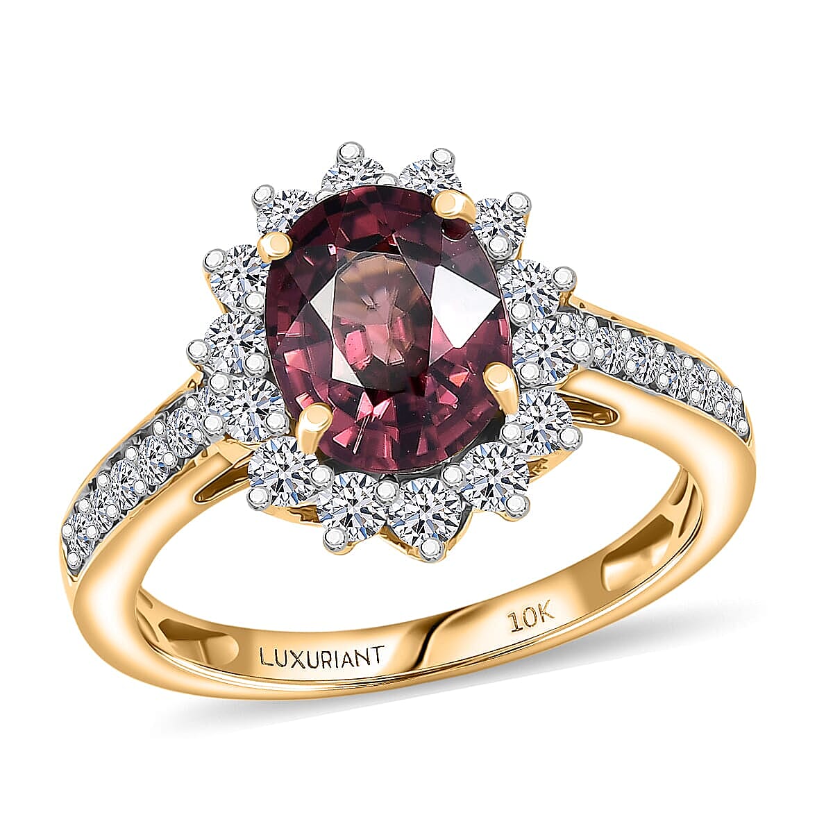 AAA Raspberry Zircon and Luxuriant Lab Grown Diamond G-H SI 3.51 ctw Ring in 10K Yellow Gold (Size 5.0)