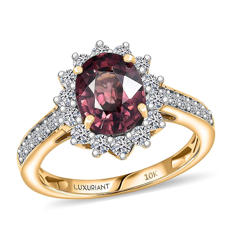 AAA Raspberry Zircon and Luxuriant Lab Grown Diamond G-H SI 3.51 ctw Ring in 10K Yellow Gold (Size 5.0)