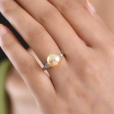 Luxoro AAA South Sea Golden Cultured Pearl and Diamond I2 0.10 ctw Signature Ring in 10K Yellow Gold (Size 5.0)