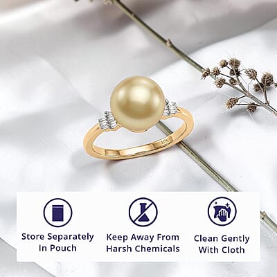Luxoro AAA South Sea Golden Cultured Pearl and Diamond I2 0.10 ctw Signature Ring in 10K Yellow Gold (Size 5.0)