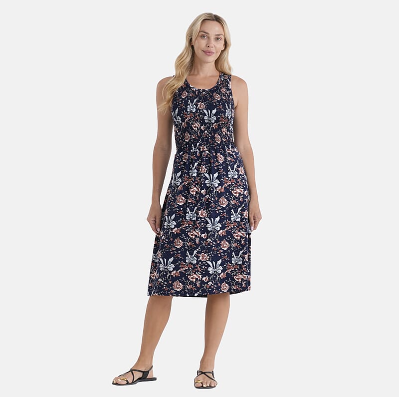 LA Marey Navy Blue Floral Double Knit Brushed Dress - One Size Fits Most