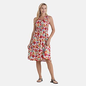 LA Marey Red with Multi Floral Double Knit Brushed Dress - One Size Fits Most