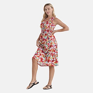 LA Marey Red with Multi Floral Double Knit Brushed Dress - One Size Fits Most