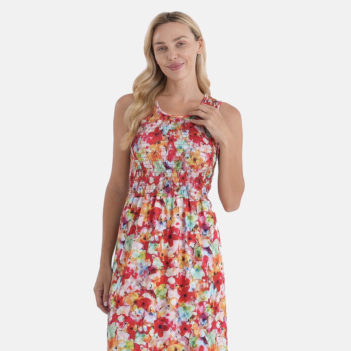 LA Marey Red with Multi Floral Double Knit Brushed Dress - One Size Fits Most image number 4