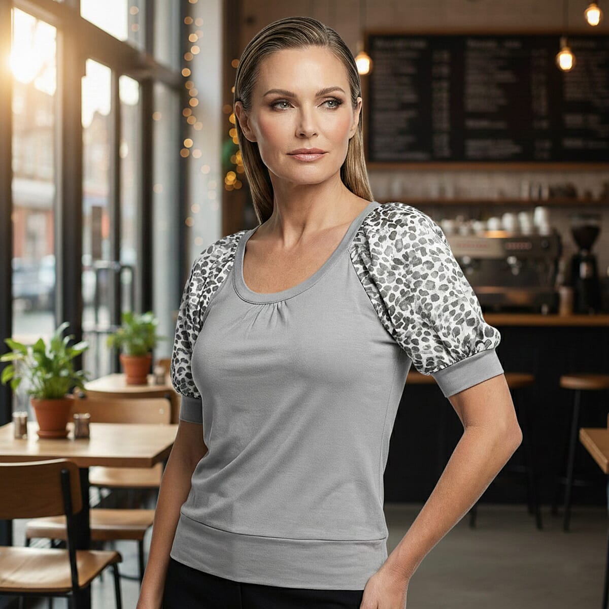 Vertigo Gray Cheetah Print Puff Sleeve Top -Medium image number 1