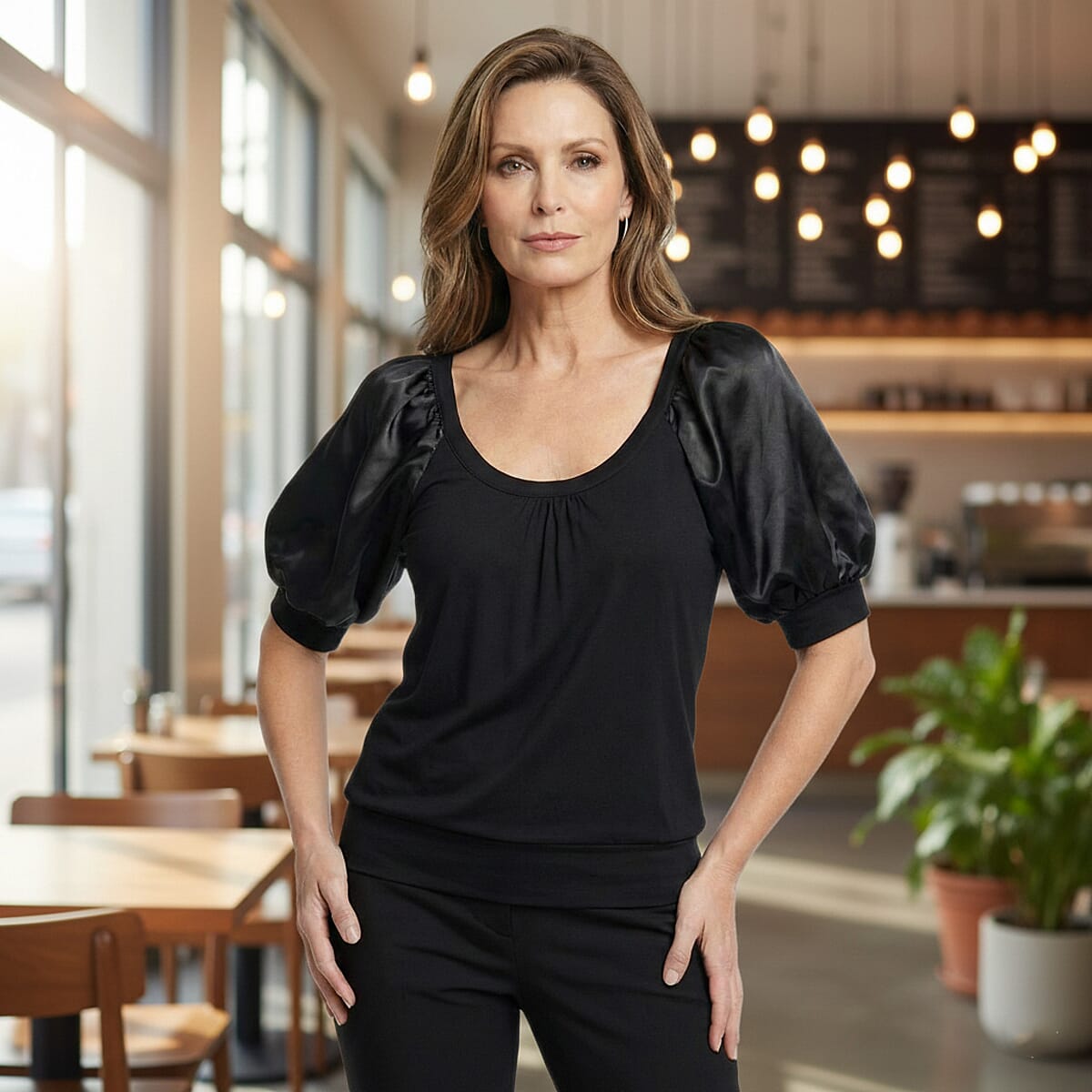 Vertigo Black Solid Puff Sleeve Top -Large image number 1