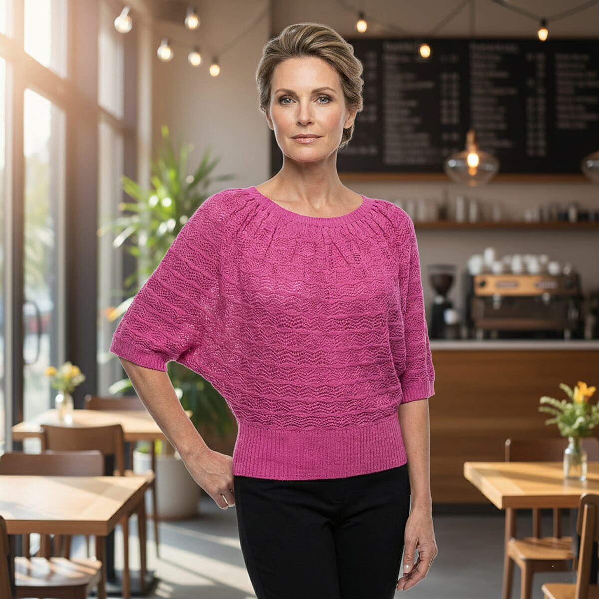 Vertigo Magenta Open Weave Blouson Top  -XL image number 1