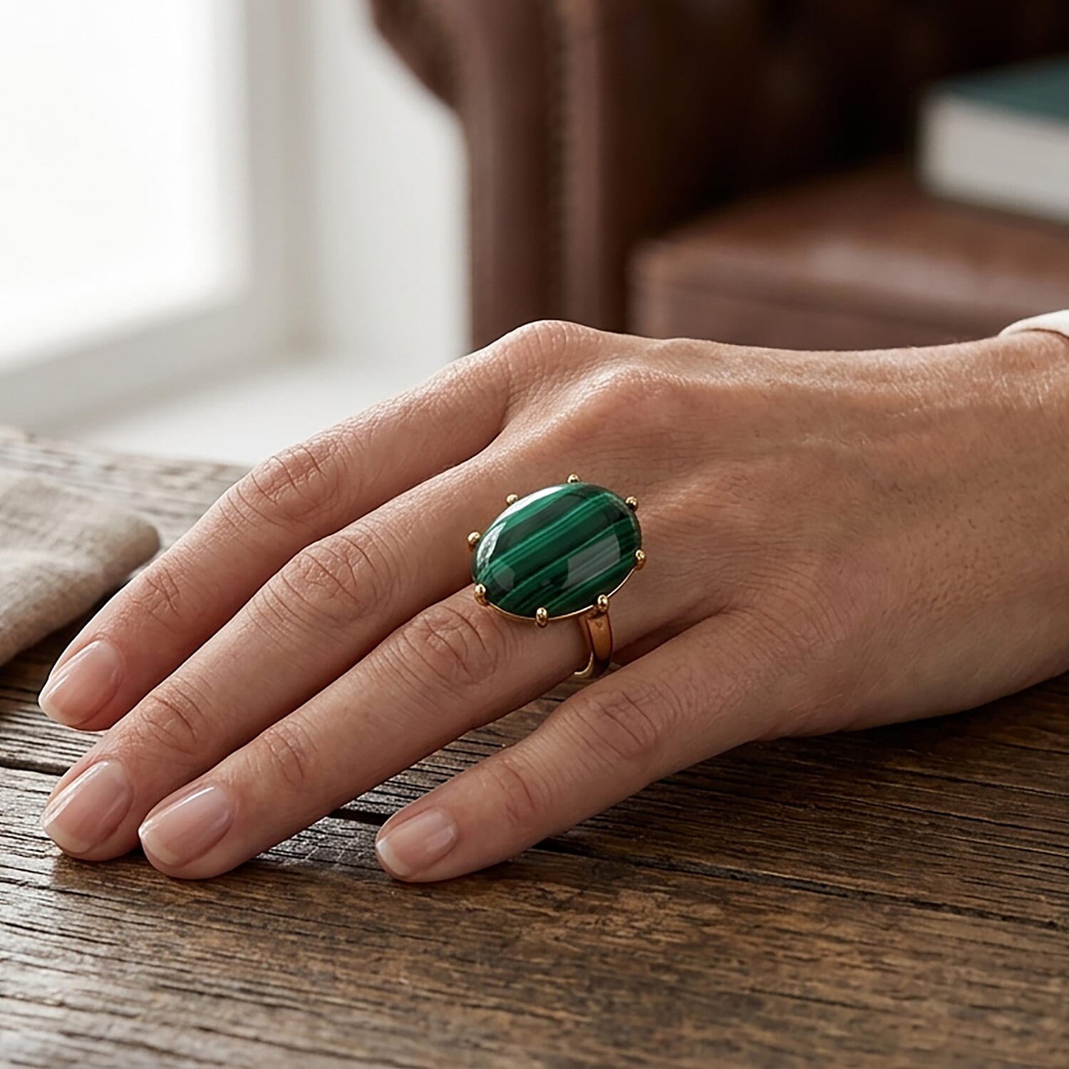 EverTrue African Malachite 21.75 ctw Ring in 18K YG Plated (Size 5.0)
