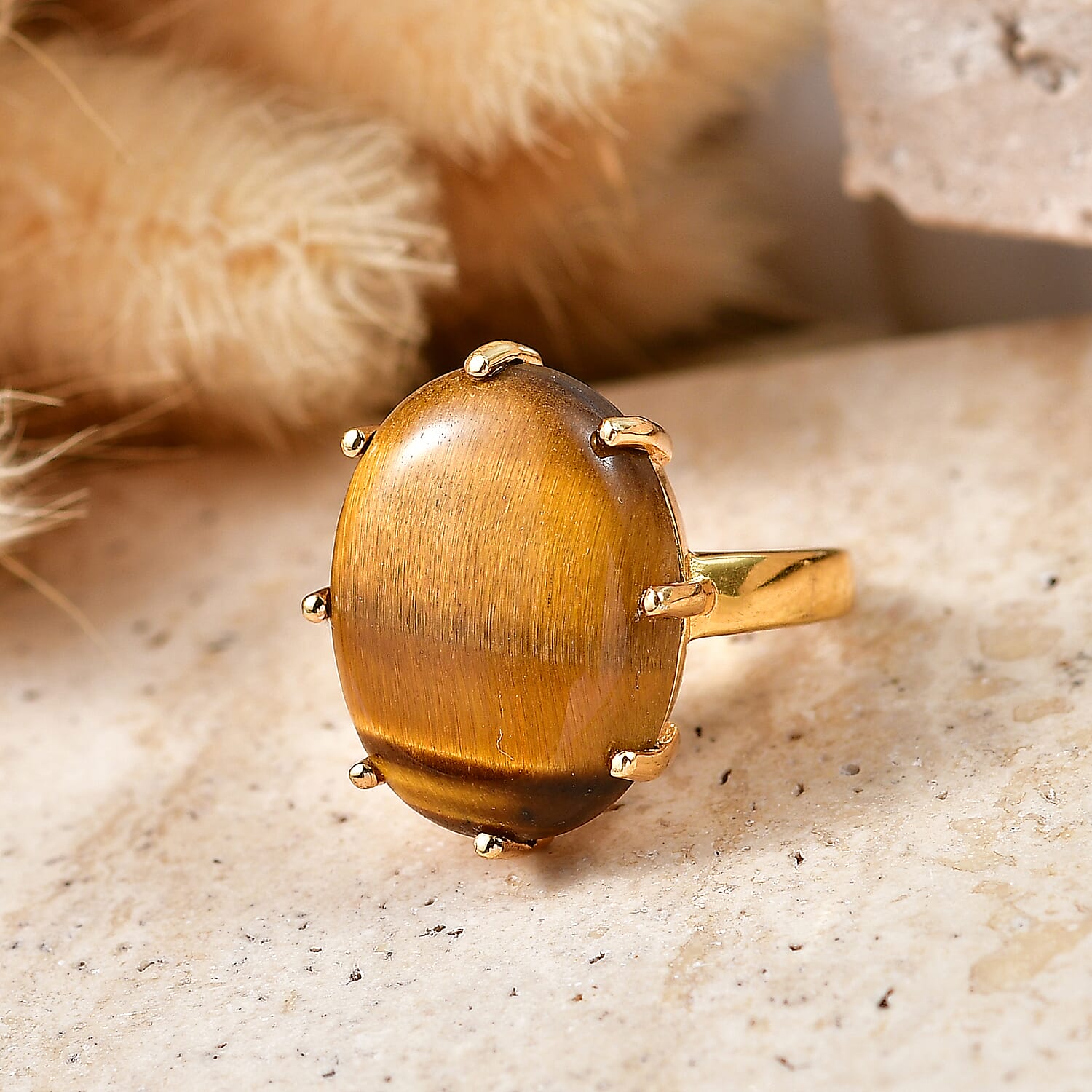 EverTrue Tigers Eye 15.35 ctw Ring in 18K YG Plated (Size 5.0)