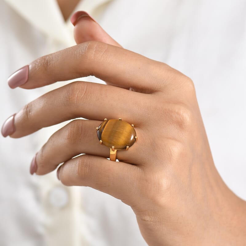 EverTrue Tigers Eye 15.35 ctw Ring in 18K YG Plated (Size 5.0)