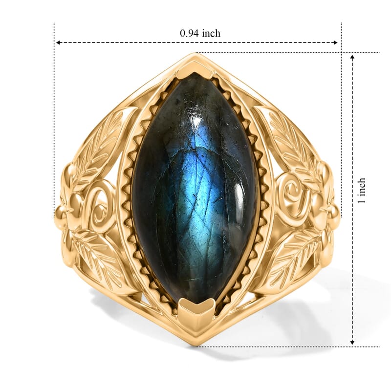EverTrue Malagasy Labradorite 8.85 ctw Leaf Ring in 18K YG Plated (Size 7.0)